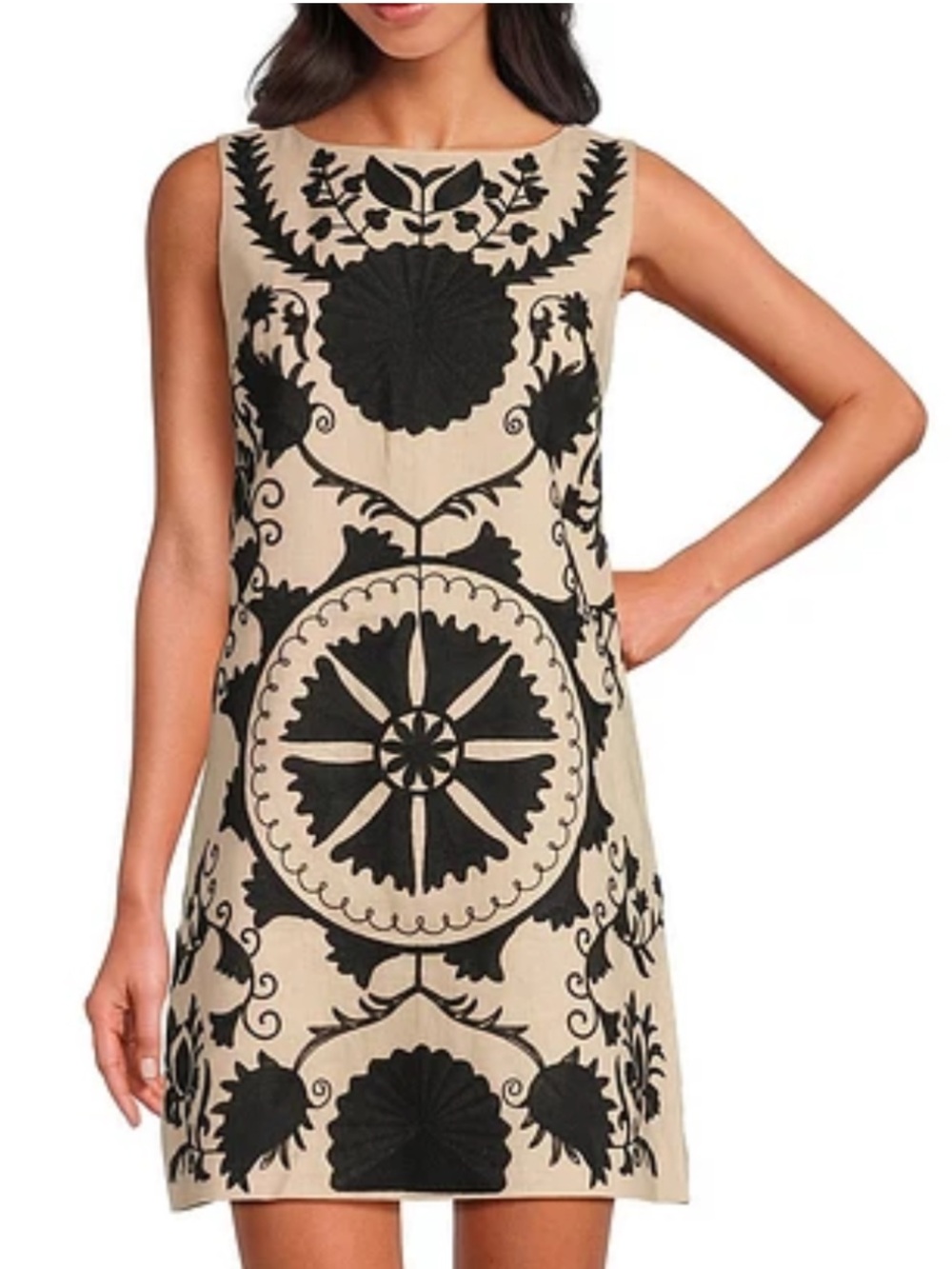 NWT $229 Le’ AL.X Embroidered Linen Shift Dress Black/Flax - Picture 5 of 11